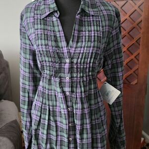 Purple and Green Plaid Button-Up Shirt Dress